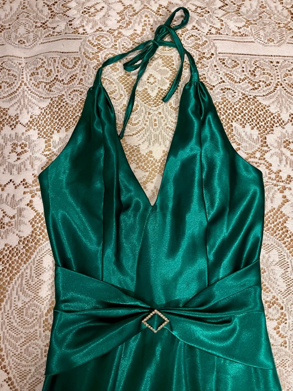 Jessica McClintock for Gunne Sax Halter Satin Gown, Emerald Green, Size 3/4 NWT - Picture 5 of 10